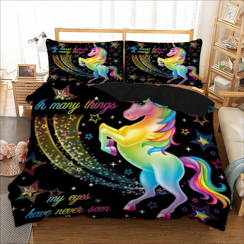 3D 3pc Unicorn Bedding Set black color Duvet Cover queen- king - nanasepiphany