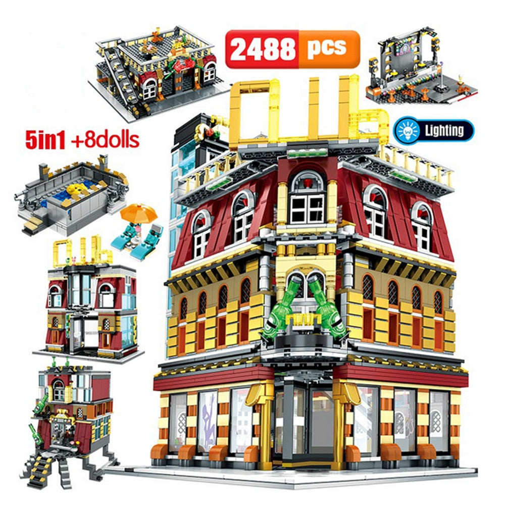 2488PCS Creator Street View Series 5 in 1 USB Light Nightclub House Building Blocks DIY Figures Bricks - nanasepiphany