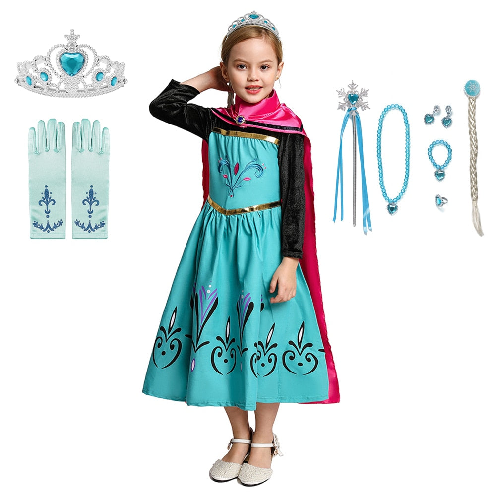 Dress up Elsa Costume play Clothes Floral Ball Gown Dress with Cloak Kids Dress 3 to 10 Year - nanasepiphany