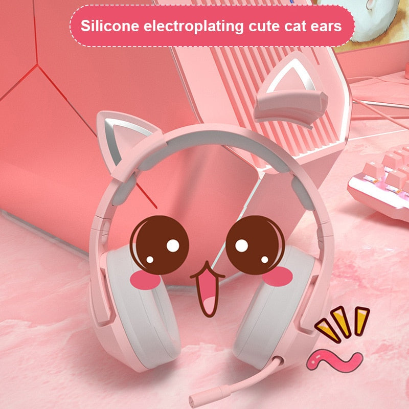 Cat Ear Wired Gaming Pink Stereo Noise Canceling Headphones USB Double 3.5mm Jack - nanasepiphany